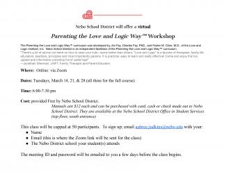 Love and Logic workshop offered over Zoom March 14, 21, 28 6:00-7:30. Email aubree.judkins@nebo.edu to register.