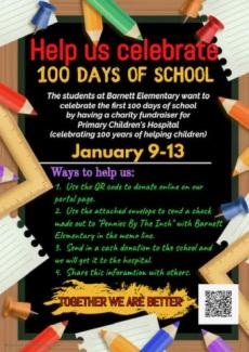 100 Days of School Fundraiser flyer January 9-13 donations to Primary Children's Hospital